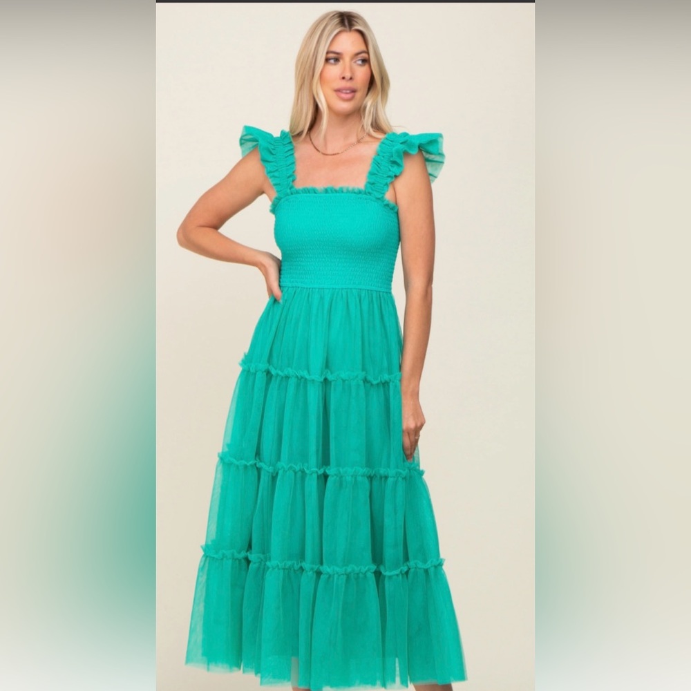 Beautiful Sexy Chic  Boho Smocked Ruffle Tiered Mesh Tulle Midi / Maxi Dress